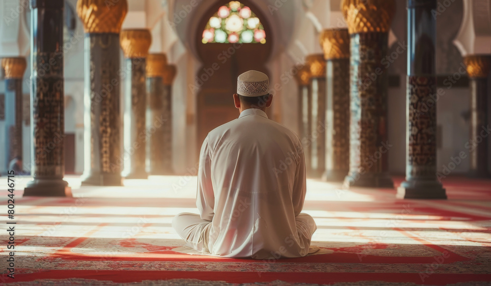 Faith, mosque and back of man with praying on floor for islamic worship, religion and support in salah. Allah, muslim and person in religious building with peace for spiritual healing, praise and dua Faith, mosque and back of man with praying on floor for islamic worship, religion and support in salah. Allah, muslim and person in religious building with peace for spiritual healing, praise and dua