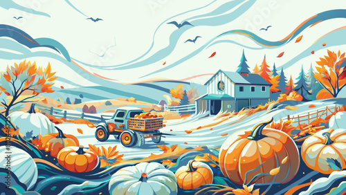 Autumn Harvest Season with Pumpkins, Farmhouse, and Pickup Truck in a Pastoral Landscape