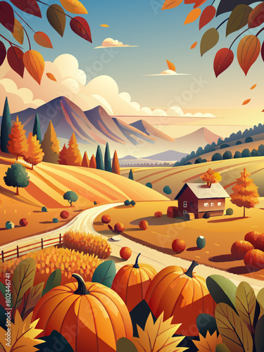 Picturesque Autumn Harvest Landscape with Pumpkins and Farmhouse