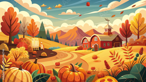 Autumn Harvest Season Landscape with Farm and Foliage