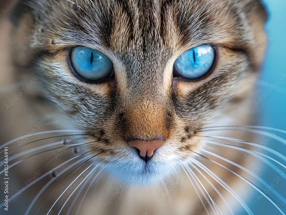 Close-up of a tabby cat's face, highlighting its piercing blue eyes and detailed fur texture.