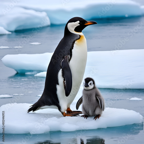 cute penguin family on an ice floe in the ocean
