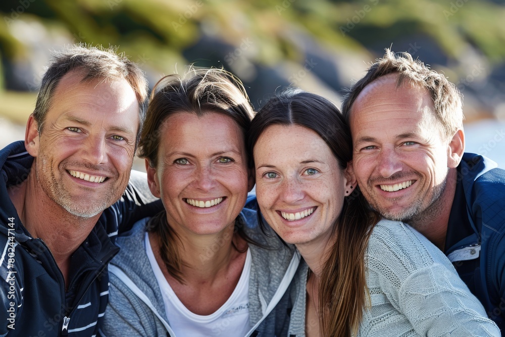 Portrait of a group of friends smiling at the camera on the beach Portrait of a group of friends smiling at the camera on the beach