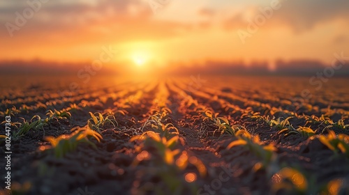 Low-till or no-till farming practices in a large field, shown against a soft dawn background, preserving soil structure and reducing fuel use