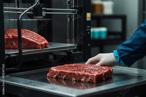 3d printer printing a meat steak. food industry revolution photo