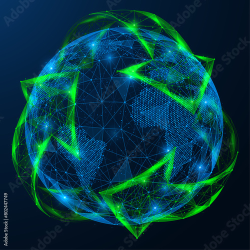 Global recycling. Green arrows around the planet. A low-poly design of interconnected elements.