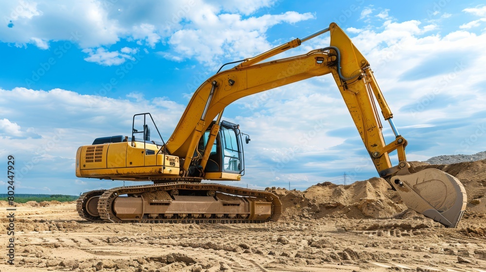 Large excavator on construction site on a sunny day with blue sky and fluffy clouds, cool modern look Large excavator on construction site on a sunny day with blue sky and fluffy clouds, cool modern look