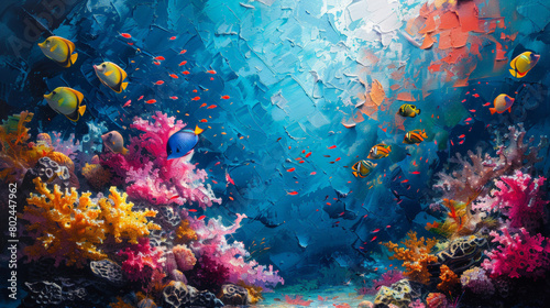 Colorful coral reefs and exotic fish in a clear  deep blue sea