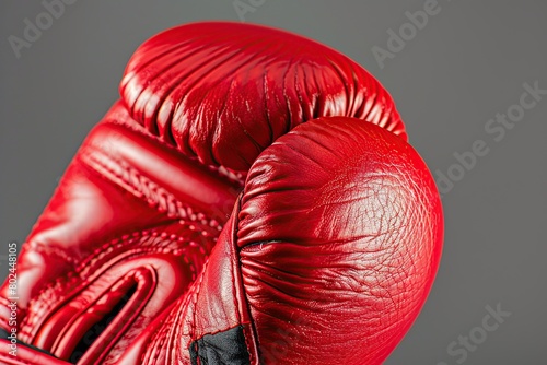 Red leather boxing glove on grey background