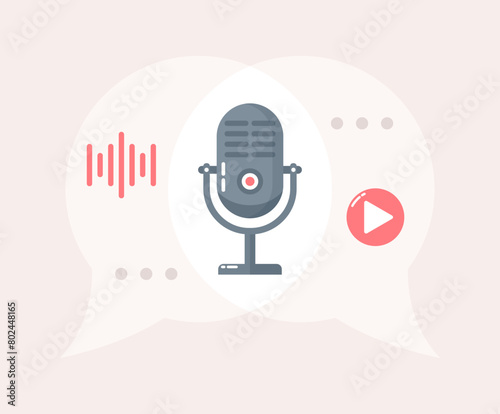 Microphone and sound icons inside speech bubbles, podcast concept. Flat vector illustration