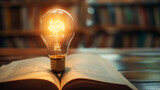 Light bulb on the open book, Idea, Innovation, Knowledge, Reading, Education and Light bulb concept
