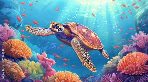 Underwater scene with gentle sea turtles gliding through coral reefs