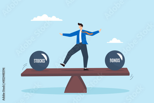 Businessman investor balancing on seesaw between stocks and bonds. Concept of asset allocation, compare risks and rewards of long term investment portfolios, mutual funds, or pension funds