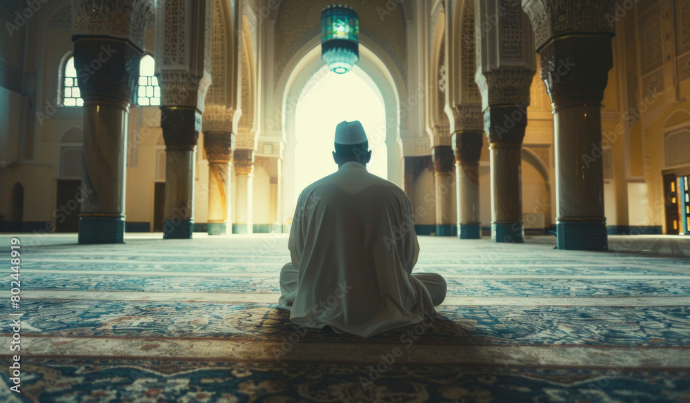 Allah, mosque and man with praying on floor for islamic worship, religion and support in salah. Muslim, faith and person in religious building with peace for spiritual praise, back and healing in dua Allah, mosque and man with praying on floor for islamic worship, religion and support in salah. Muslim, faith and person in religious building with peace for spiritual praise, back and healing in dua