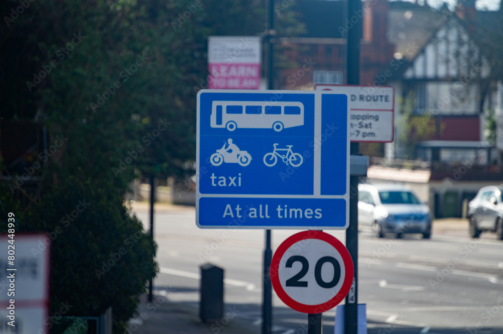 Transportation in London city, roads, road signes, street signes, warnings, indicating of directions in Great Britain, city life in England Transportation in London city, roads, road signes, street signes, warnings, indicating of directions in Great Britain, city life in England
