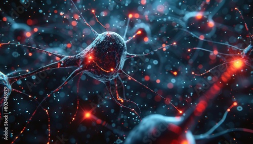 AI brain network visualization with synaptic connections, suitable for neurotechnology and AI research presentations photo