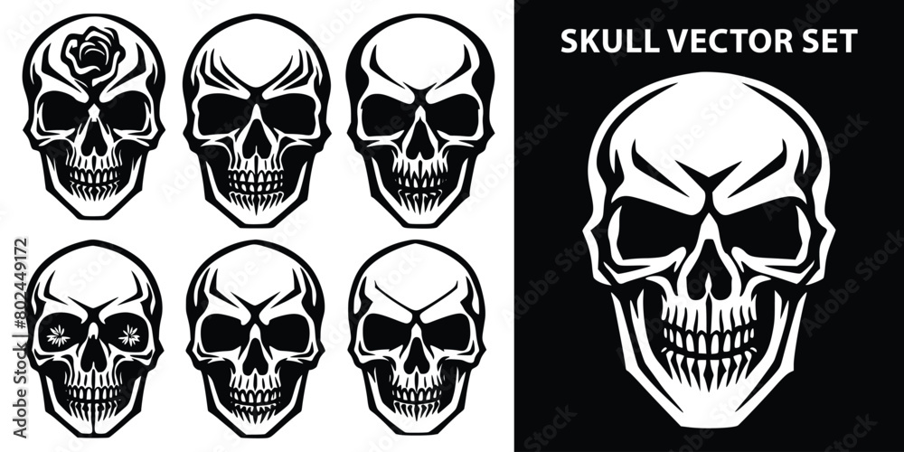 Set of vector skull silhouettes horror. A set of black skulls silhouette vector illustrations. skull Silhouette Vector Set .