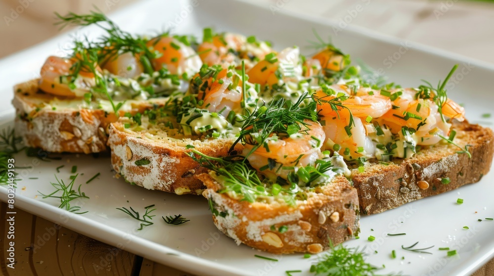 Traditional Scandinavian shrimp toast (toast Skagen) with dill, egg and mayonnaise