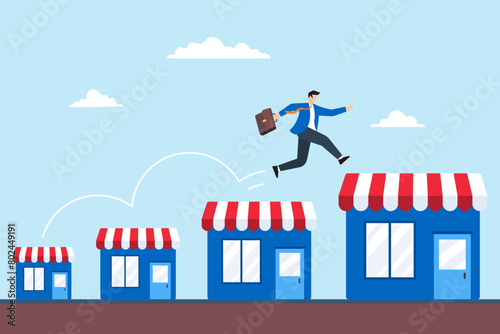Confident businessman jump onto bigger franchise shop, illustrating expansion of storefront. Concept of business growth opportunities, marketing efforts at improving retail stores to achieve success