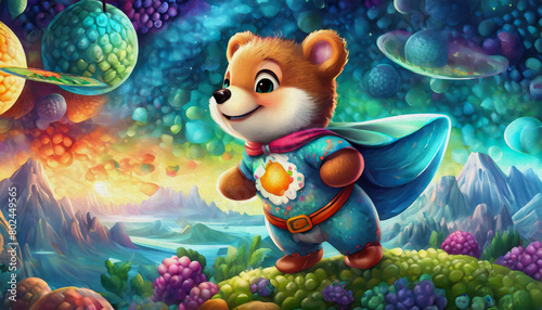 oil painting style CARTOON CHARACTER CUTE baby bear super hero  space and planets with cosmos star galaxy dust