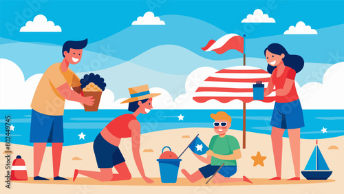 A warm summer day at the beach filled with laughter creativity and love for America as families continue the timeless tradition of building. Vector illustration