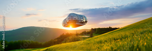 flying villa in nature with trees and sunset photo