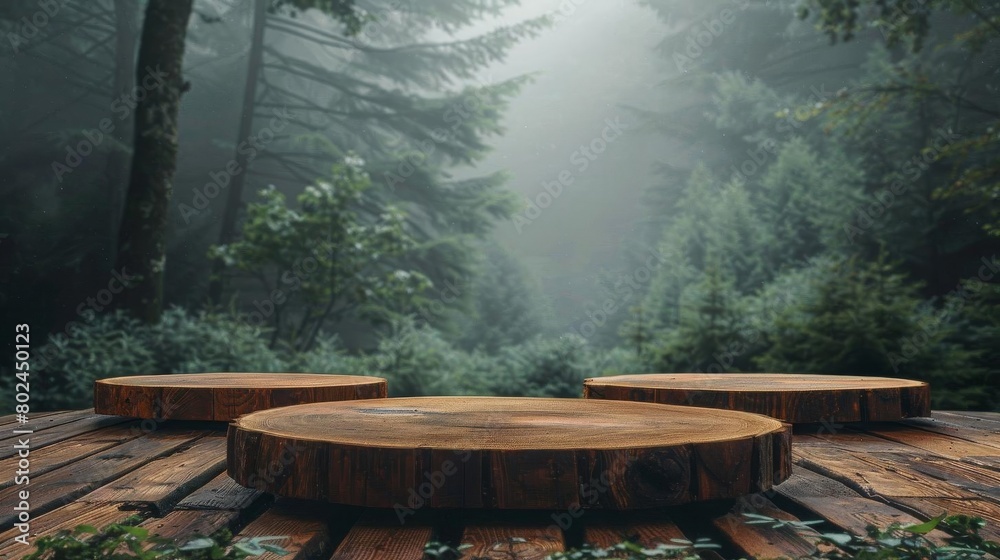 Rustic wood podiums in a forest scene background, ideal for outdoor gear and naturethemed product showcases Rustic wood podiums in a forest scene background, ideal for outdoor gear and naturethemed product showcases