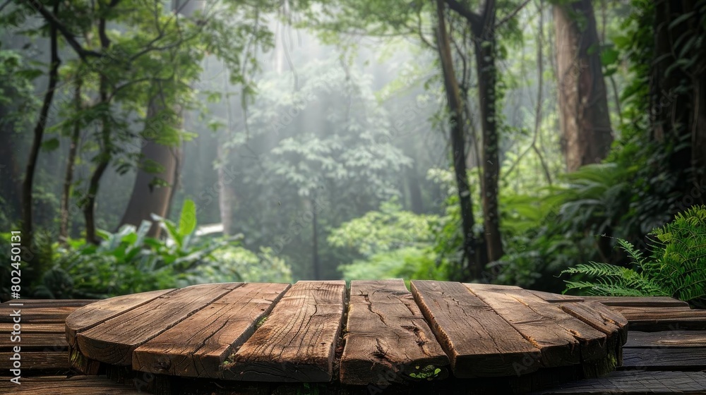 Rustic wood podiums in a forest scene background, ideal for outdoor gear and naturethemed product showcases Rustic wood podiums in a forest scene background, ideal for outdoor gear and naturethemed product showcases
