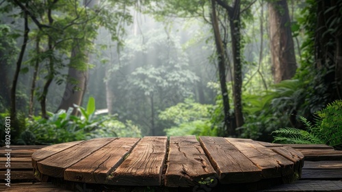 Rustic wood podiums in a forest scene background, ideal for outdoor gear and naturethemed product showcases