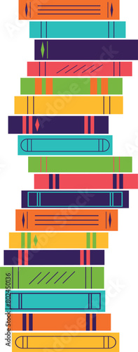 A tall stack of books on a transparent background. A bunch of library books, textbooks, literature. Isolated vector illustration.