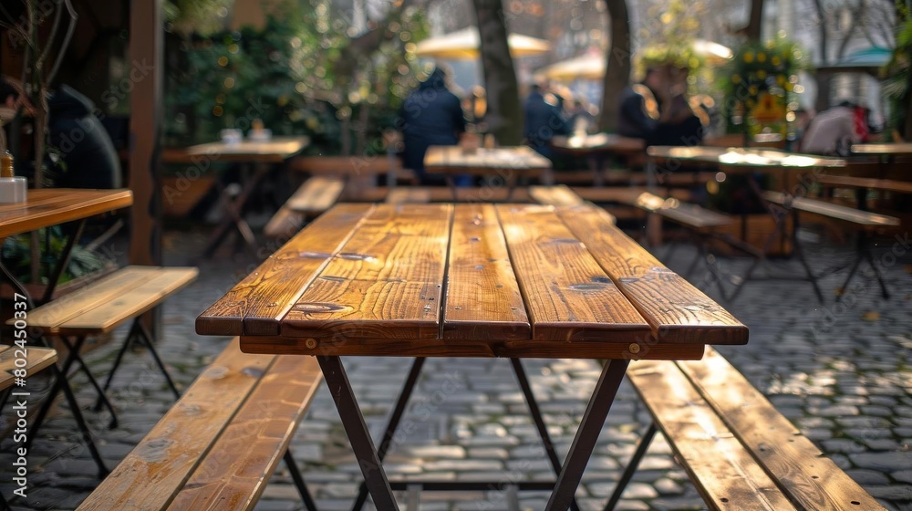 Portable wooden folding table at a bustling food market, ready to serve up street food and local delicacies