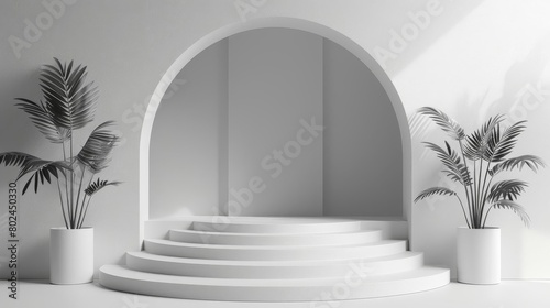Pure white podium in an allwhite room, creating a seamless background for highcontrast items like black electronics photo