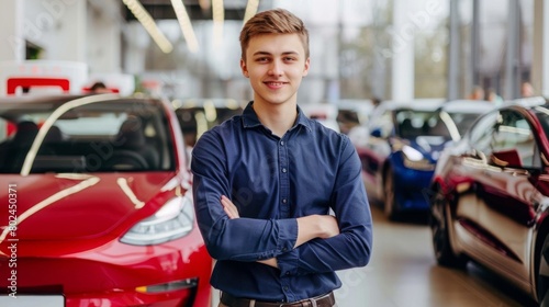 Young man, selling electric cars in the showroom. Concept of buying eco-friendly car for family.