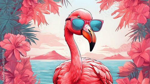 A quirky illustration of a flamingo wearing sunglasses, set against a tropical backdrop with a subtle humorous touch photo