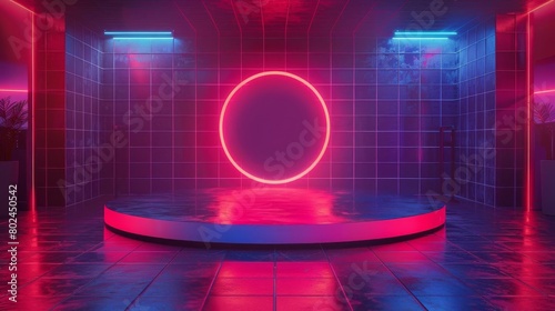 Neon grid podium in a retrofuturistic setting, suitable for 80s themed merchandise and nostalgic collectibles