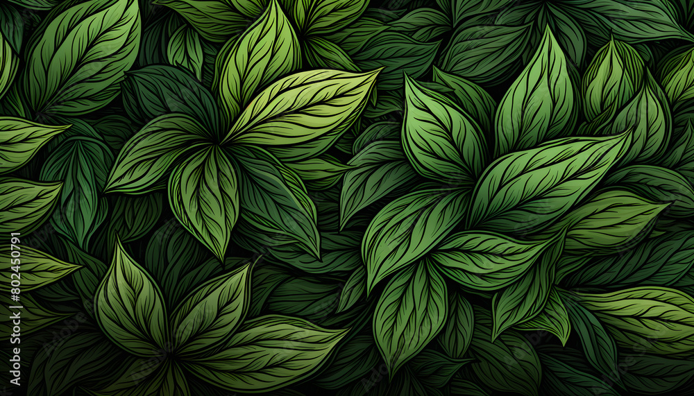 Ethereal Foliage: A Serene Tapestry of Green Leaves Unfolding on an Inky Canvas