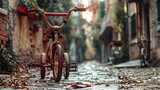 Rich burgundy toddler tricycle in an old town alley, vintage charm,