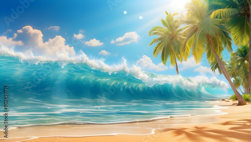 A picturesque tropical beach scene with a large palm-lined shore and a large  curling wave under a sunny sky with fluffy clouds