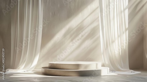 Minimalist podium with a backdrop of sheer curtains, adding a soft texture contrast for delicate products