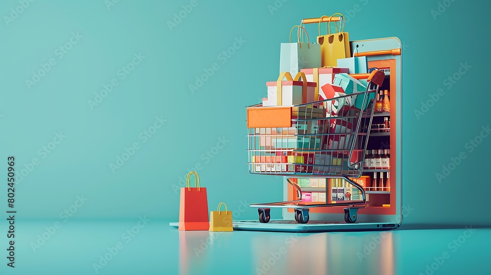 a digital storefront where a cart overflows with packages, perched atop a laptop, illustrating the seamless shopping experience enabled by technology a digital storefront where a cart overflows with packages, perched atop a laptop, illustrating the seamless shopping experience enabled by technology