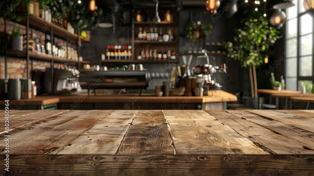 Inviting wooden table in a cafe, with large open space for food and beverage industry advertisements