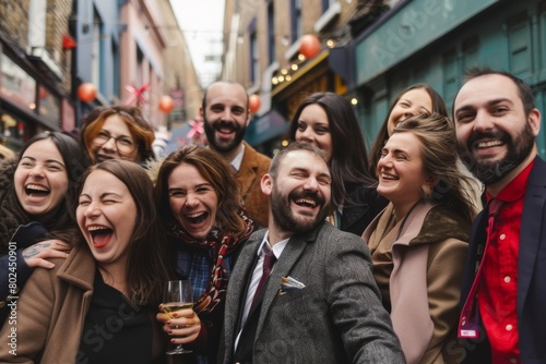 Group of friends having fun together on the street, drinking champagne.