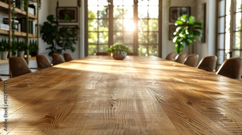 Large oak conference table in an elegant office space, ready for corporate meetings and professional discussions