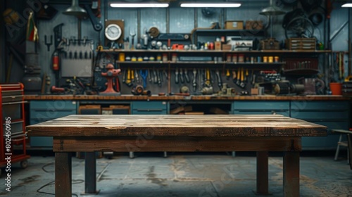 Industrial wooden table in a mechanics garage, with wideopen space for automotive products and tools photo
