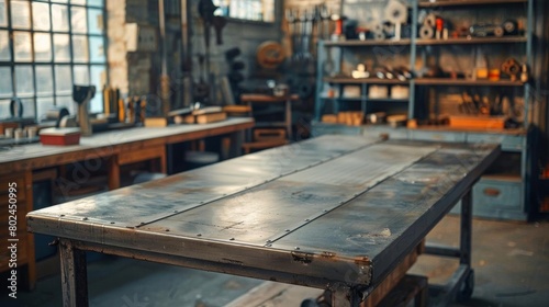 Industrial metal table in a workshop, providing a sturdy surface for tools and hardware product displays