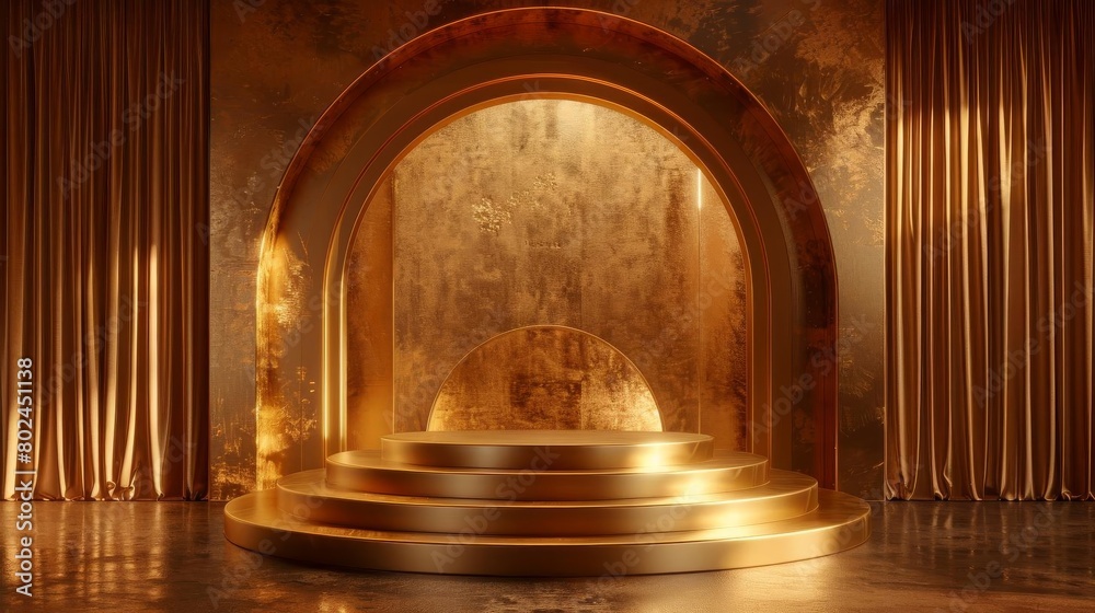 Golden podium in a luxurious velvetdraped setting, suited for highfashion and designer brand exhibitions Golden podium in a luxurious velvetdraped setting, suited for highfashion and designer brand exhibitions