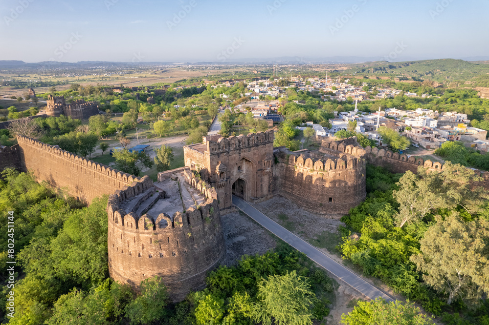Aerial view of ruins of Rohtas fort Pakistan, The central gate and the walls.