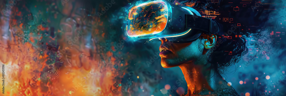 Obraz premium Young woman uses VR headset on abstract dark panoramic background, portrait of girl wearing futuristic glasses and fire. Theme of technology, virtual reality, future, banner