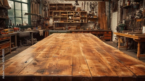Heavyduty wooden table in a workshop, with a large, unoccupied surface ideal for tool and craft product placements © Premreuthai