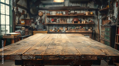 Heavyduty wooden table in a workshop, with a large, unoccupied surface ideal for tool and craft product placements © Premreuthai